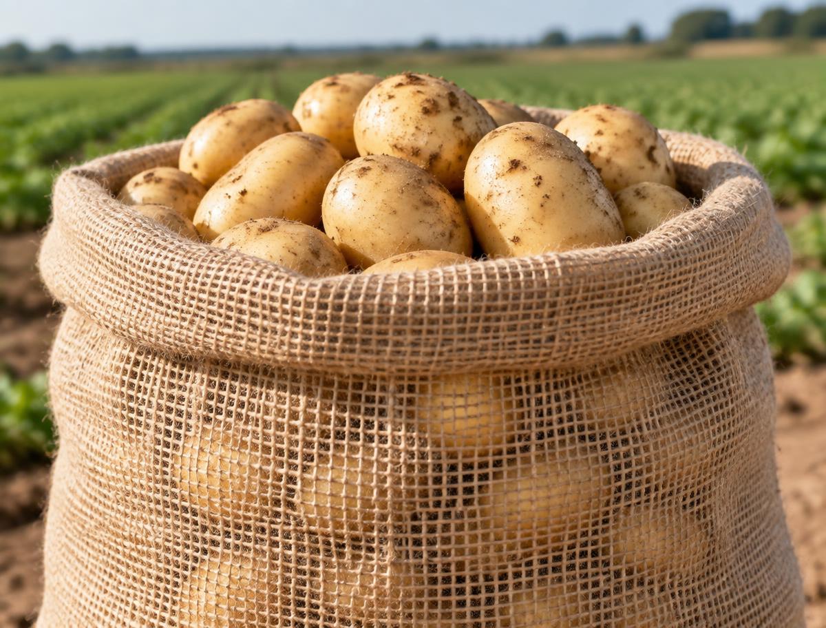 Trama aberta da sacaria de juta com batatas